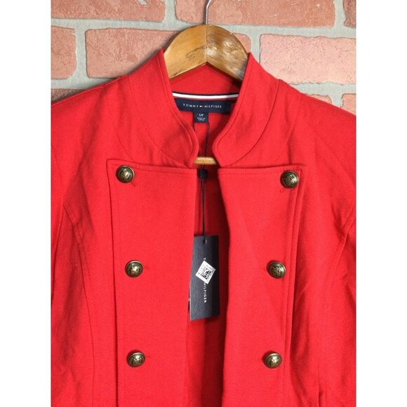 Tommy Hilfiger Womens Band Jacket Red Button-Trim Open Front Cardigan Blazer - Picture 2 of 6